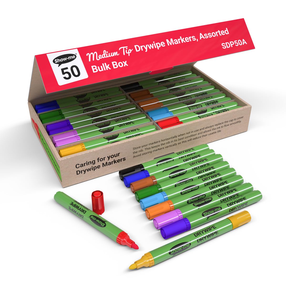 Box 50 Medium Tip Slim Barrel Dry Erase Markers - Assorted Colours (SDP50A)