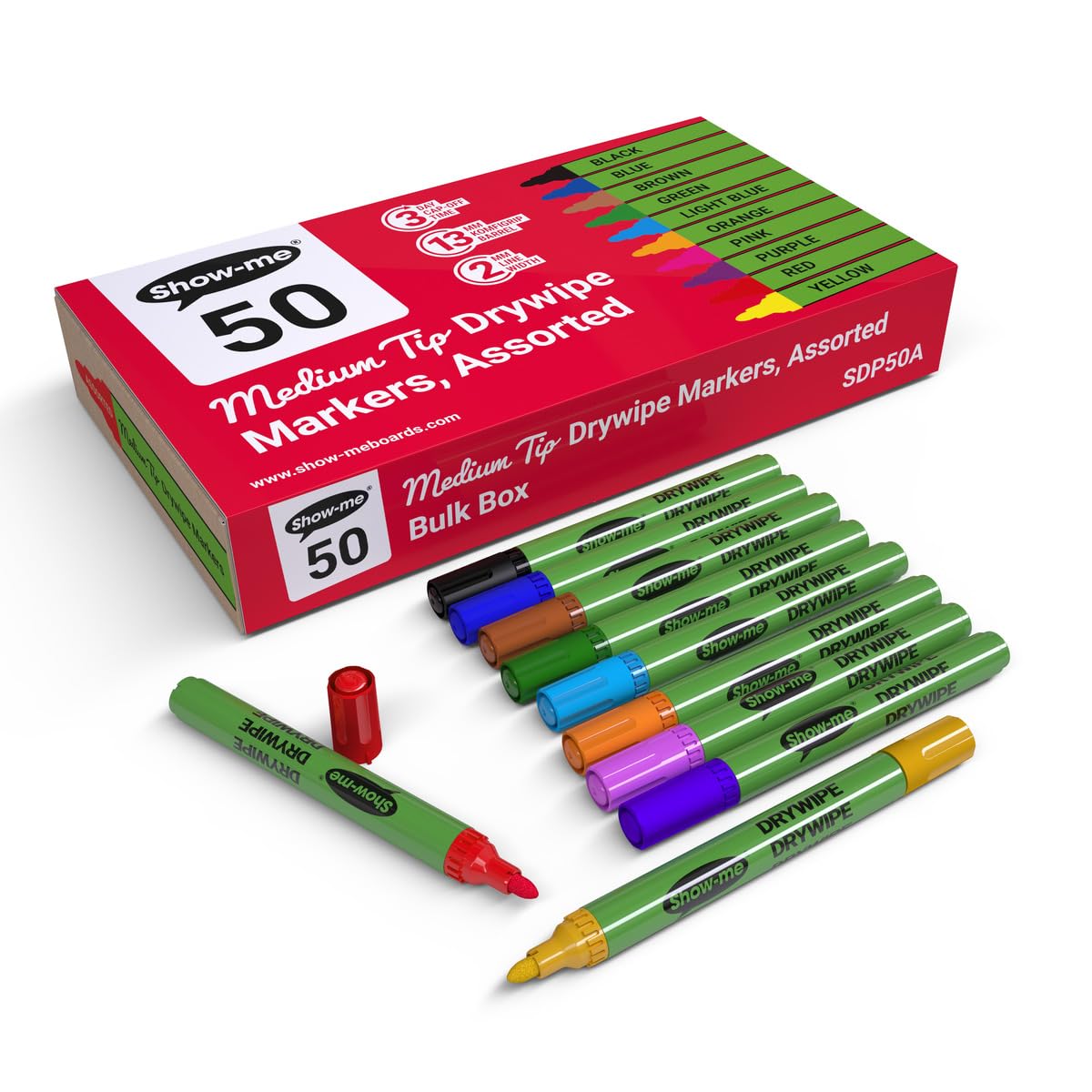 Box 50 Medium Tip Slim Barrel Dry Erase Markers - Assorted Colours (SDP50A)
