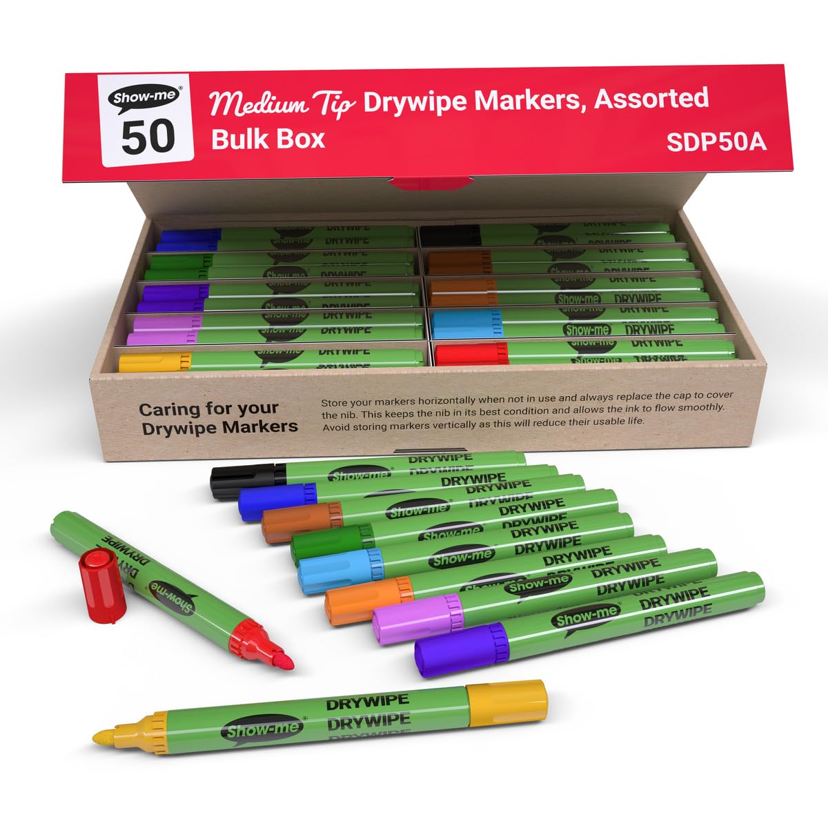 Box 50 Medium Tip Slim Barrel Dry Erase Markers - Assorted Colours (SDP50A)